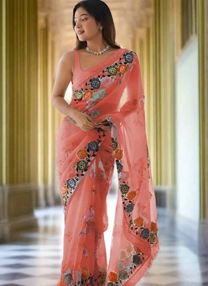 Lassya Fashion Salmon Floral Digital Print Georgette Saree with Blouse