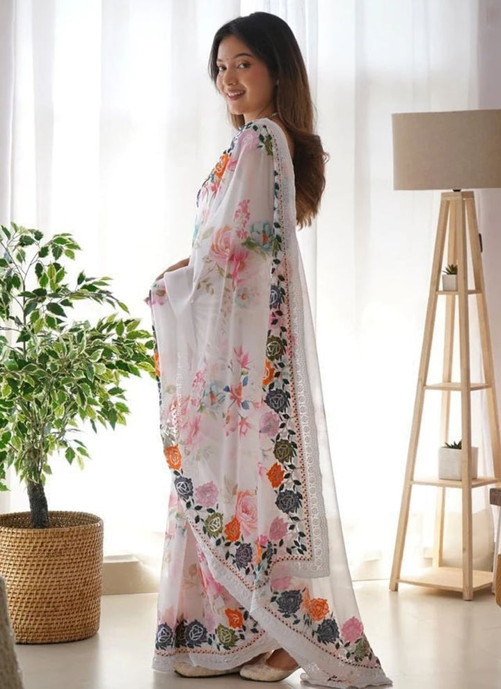 Lassya Fashion White Floral Digital Print Georgette Saree with Blouse