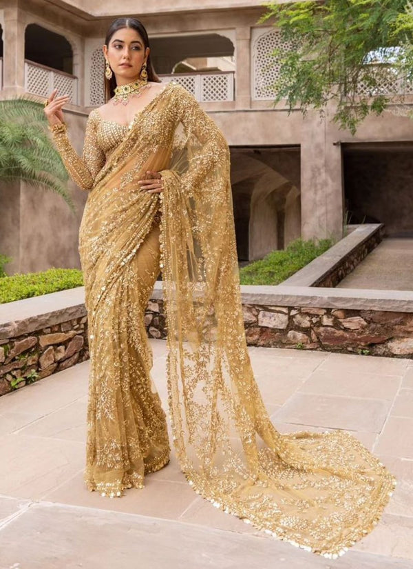 Lassya Fashion Mustard Exquisite Butterfly Net Saree with Sequins Embellishments