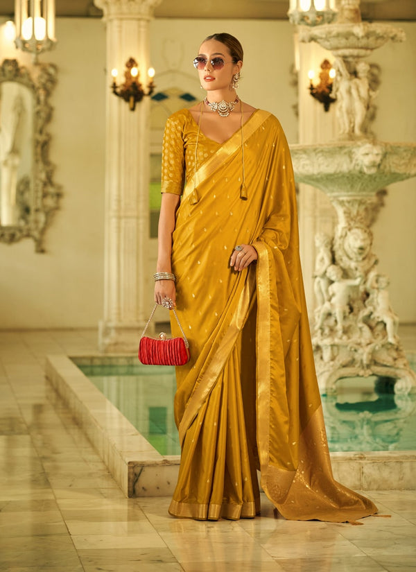 Lassya Fashion Mustard Yellow Party Wear Satin Silk Saree with Zari Weaving