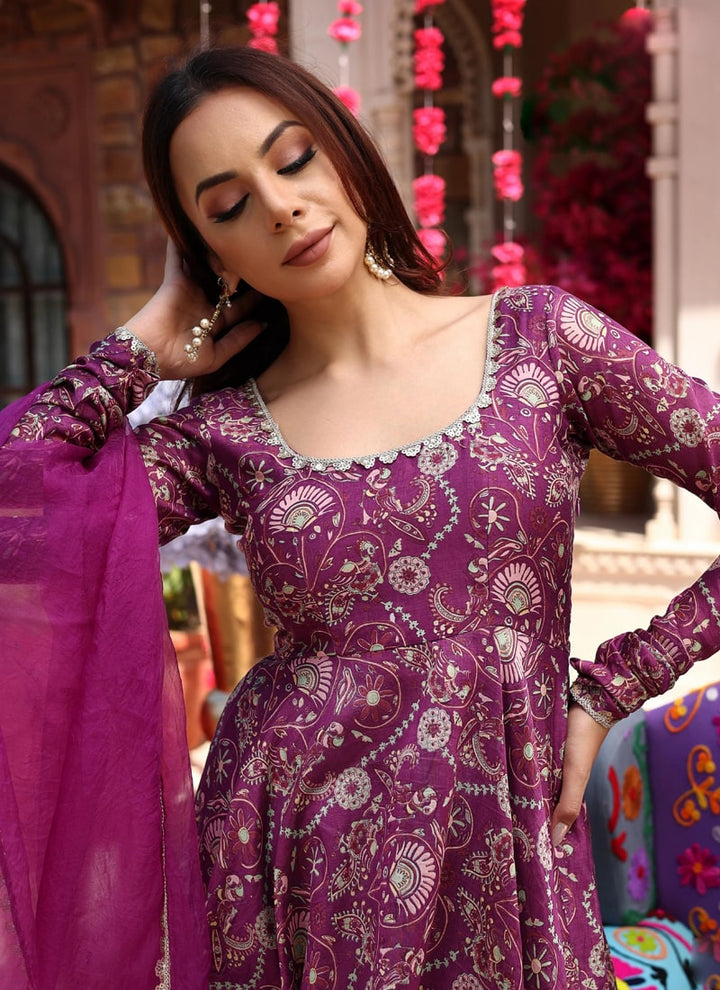 Lassya Fashion Purple Digital Printed Soft Muslin Silk Anarkali Dress