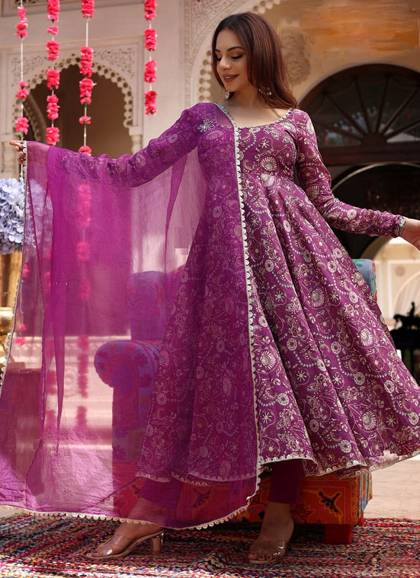Lassya Fashion Purple Digital Printed Soft Muslin Silk Anarkali Dress