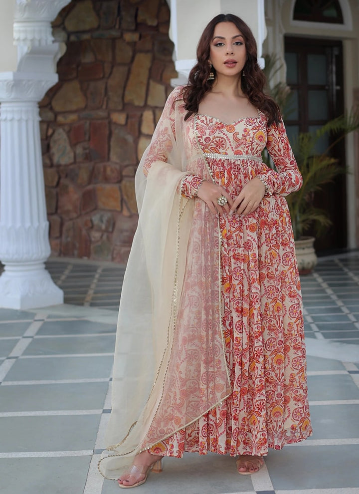 Lassya Fashion Cream Digital Printed Soft Muslin Silk Anarkali Dress