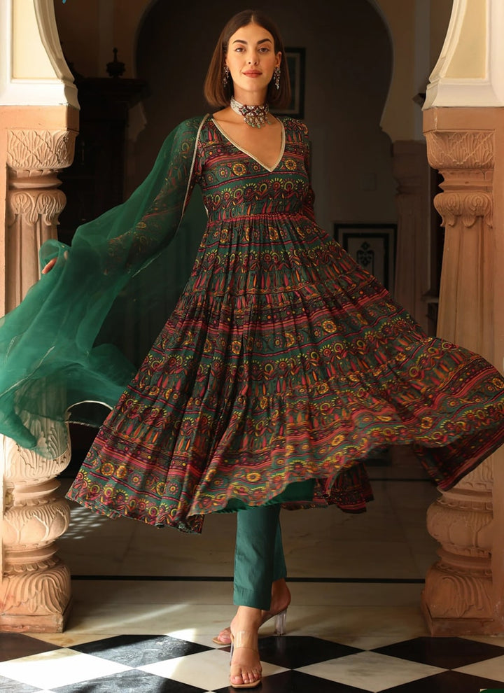 Lassya Fashion Pine Green Digital Printed Soft Muslin Silk Anarkali Dress