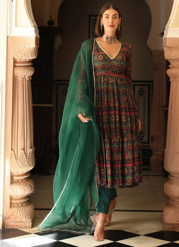 Lassya Fashion Pine Green Digital Printed Soft Muslin Silk Anarkali Dress