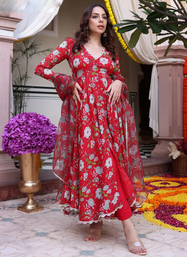 Lassya Fashion Scarlet Red Digital Printed Soft Muslin Silk Anarkali Dress