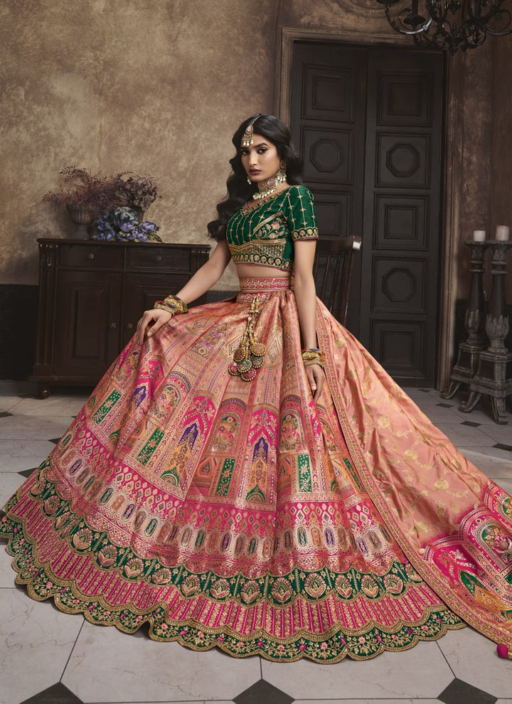 Lassya Fashion Green And Pink Elegant Silk Zarkan Work Wedding Lehenga Choli Set