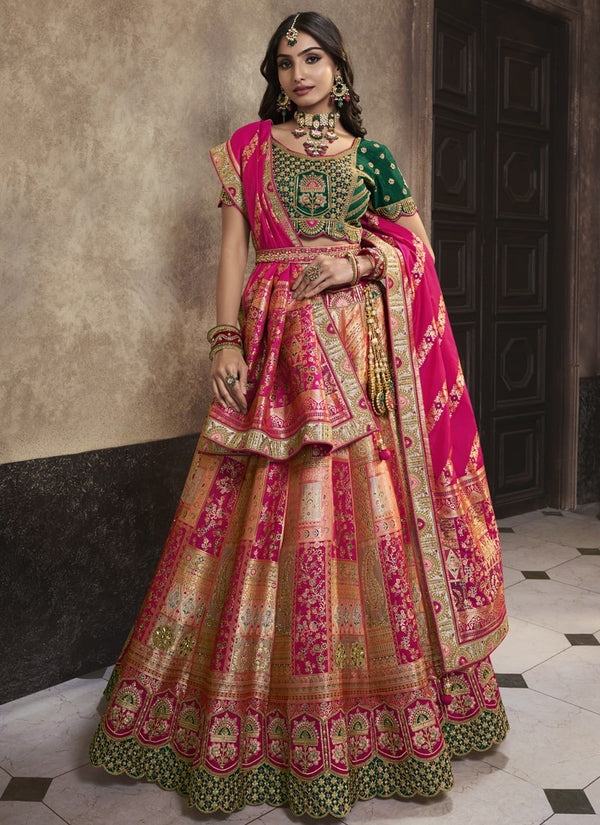Lassya Fashion Green And Pink Elegant Silk Zarkan Work Wedding Lehenga Choli Set