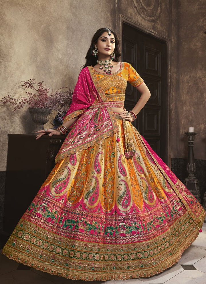 Lassya Fashion Pink And Mustard Elegant Silk Zarkan Work Wedding Lehenga Choli Set