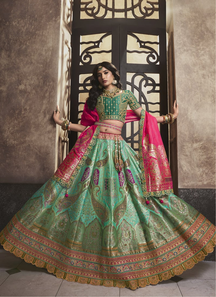 Lassya Fashion Sage Green Elegant Silk Zarkan Work Wedding Lehenga Choli Set