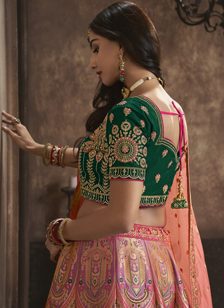 Lassya Fashion Green And Peach Elegant Silk Zarkan Work Wedding Lehenga Choli Set