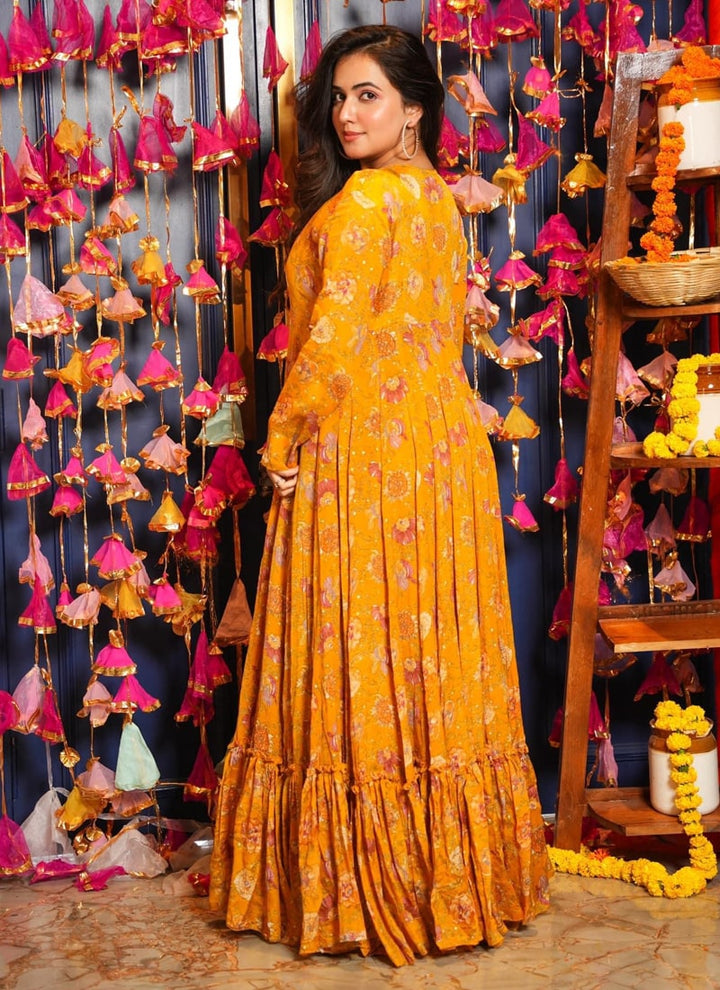 Lassya Fashion Mustard Yellow Indo Western Crop Top with Sharara and Shrug