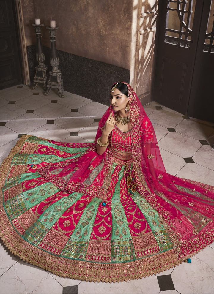 Lassya Fashion Pink And Green Exquisite Banarasi Silk Wedding Lehenga Ensemble