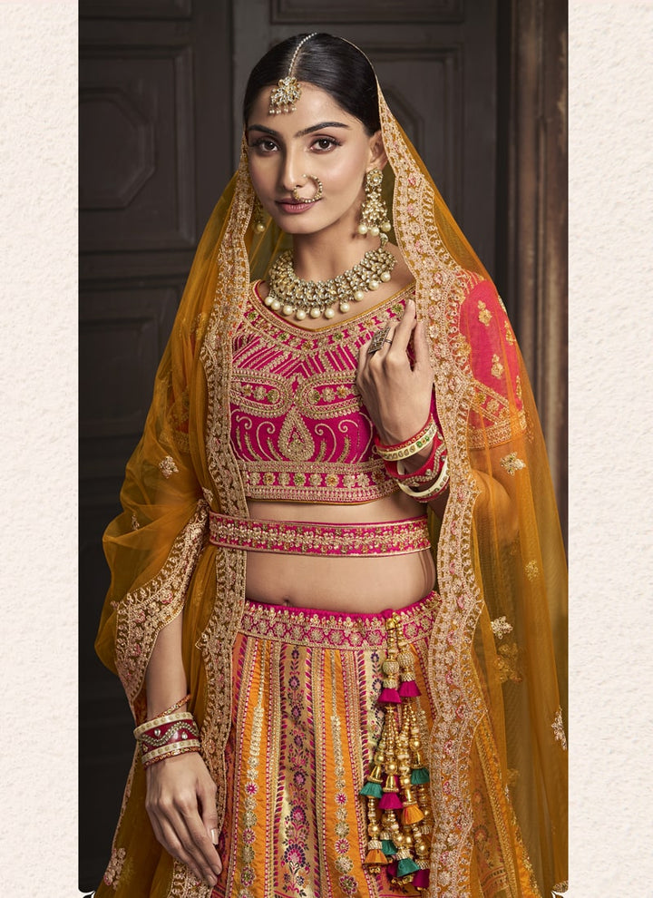 Lassya Fashion Mustard Exquisite Banarasi Silk Wedding Lehenga Ensemble
