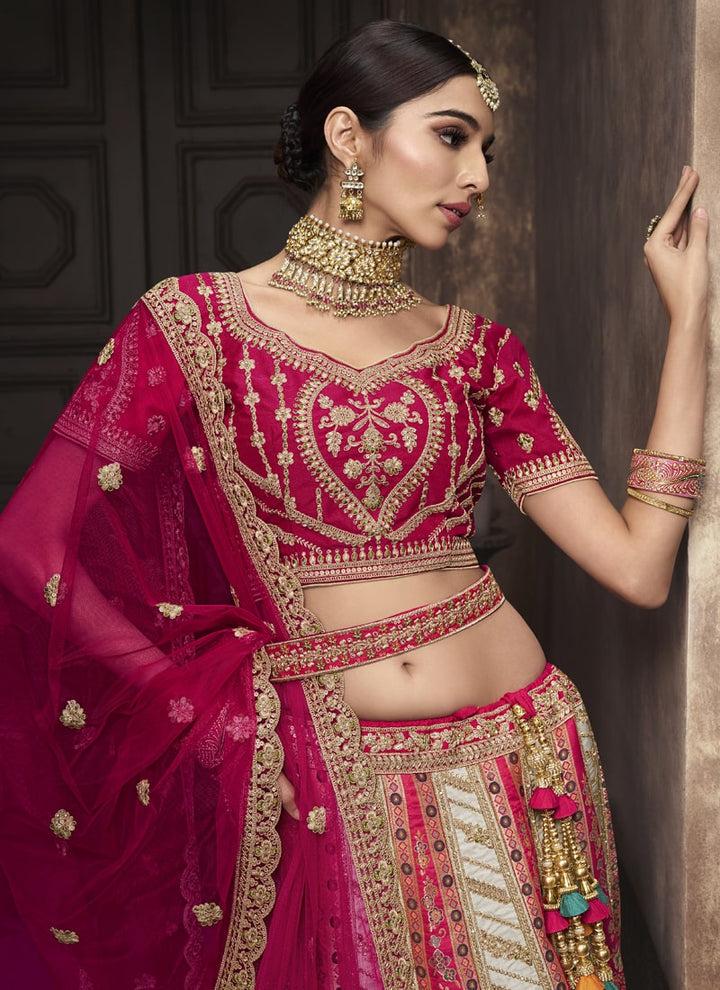Lassya Fashion Pink And Cream Exquisite Banarasi Silk Wedding Lehenga Ensemble