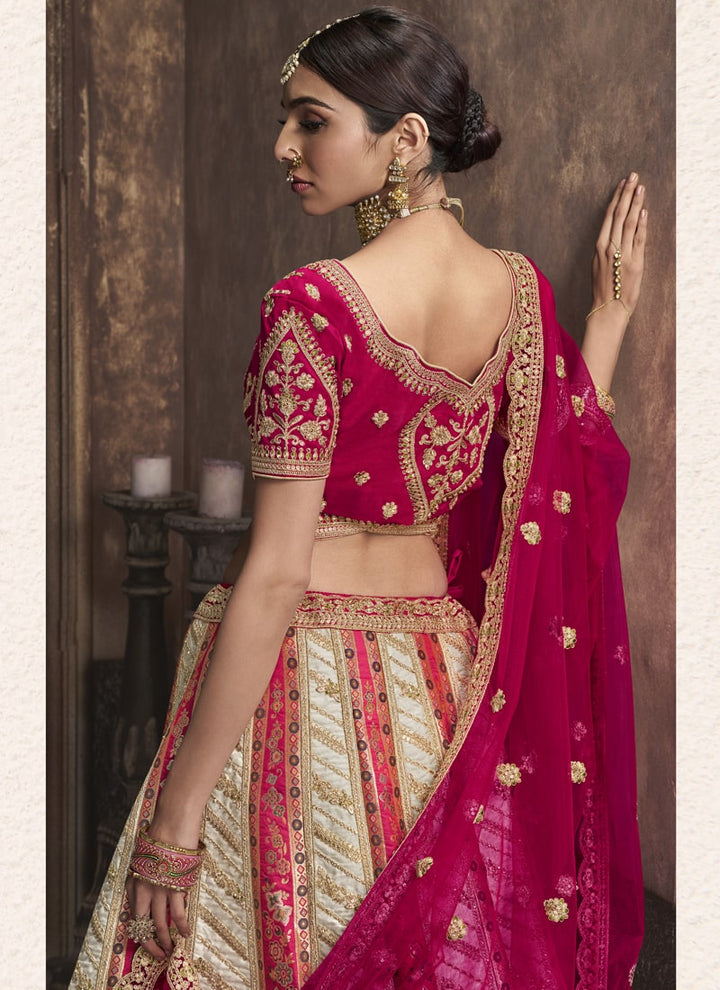 Lassya Fashion Pink And Cream Exquisite Banarasi Silk Wedding Lehenga Ensemble