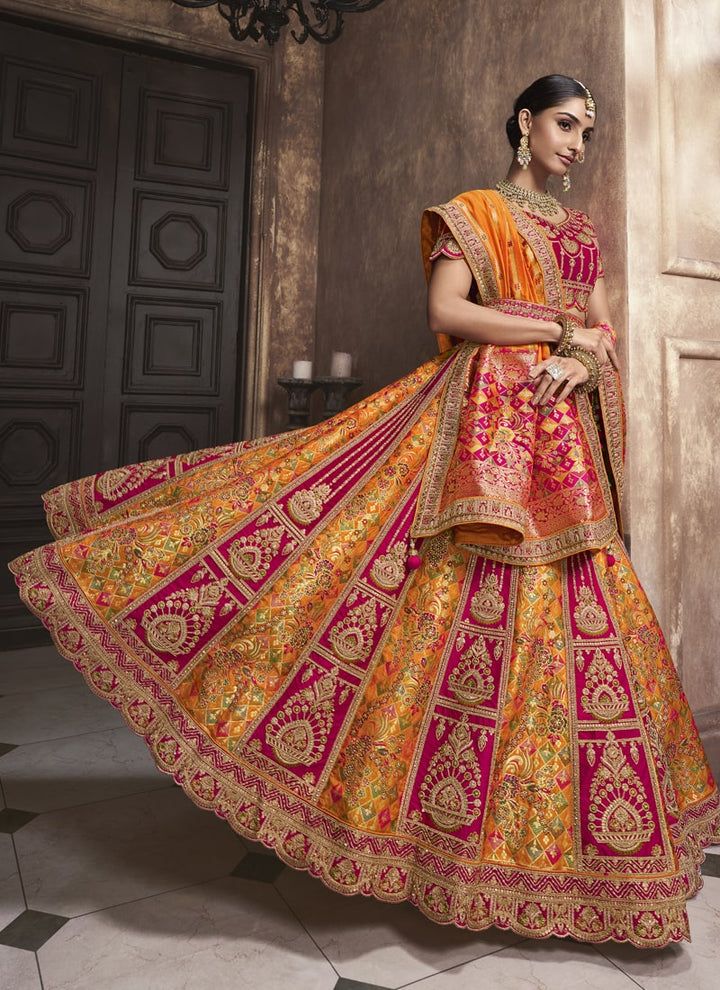 Lassya Fashion Orange And Pink Exquisite Banarasi Silk Wedding Lehenga Ensemble