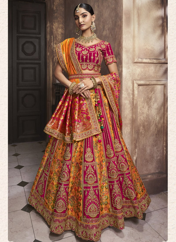 Lassya Fashion Orange And Pink Exquisite Banarasi Silk Wedding Lehenga Ensemble