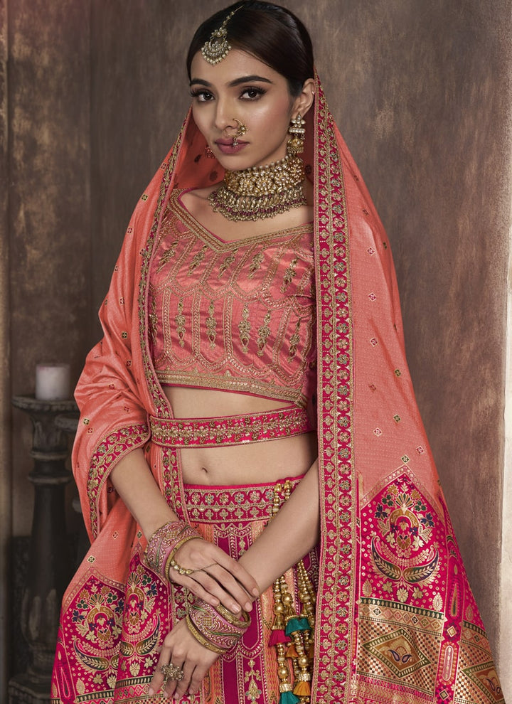 Lassya Fashion Light and Dark Pink Exquisite Banarasi Silk Wedding Lehenga Ensemble