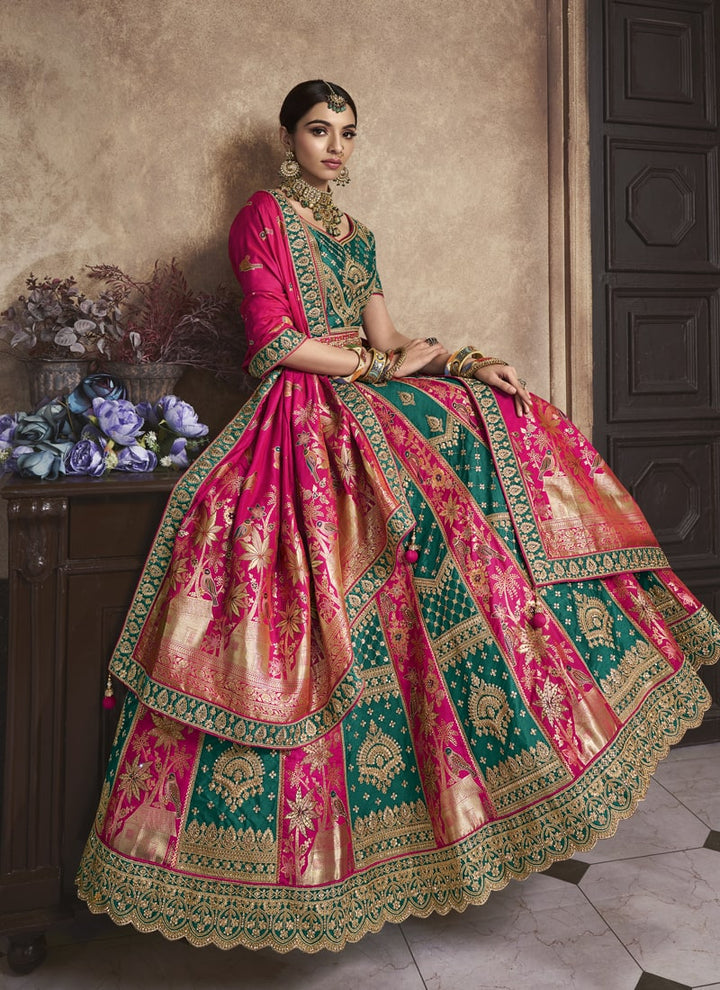 Lassya Fashion Green And Pink Exquisite Banarasi Silk Wedding Lehenga Ensemble