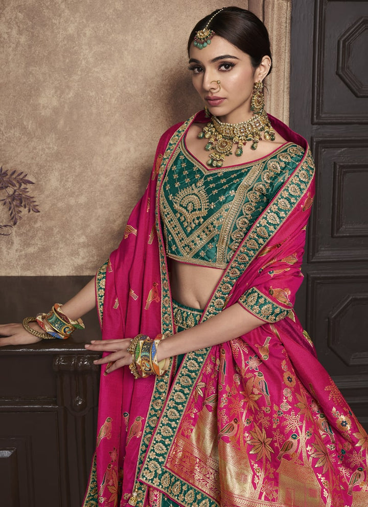 Lassya Fashion Green And Pink Exquisite Banarasi Silk Wedding Lehenga Ensemble