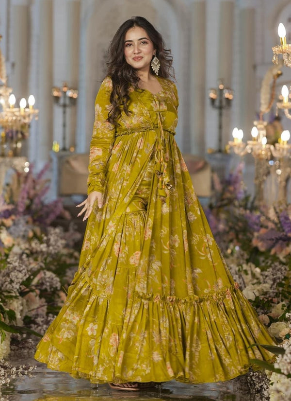 Lassya Fashion Dark Yellow Indo Western Crop Top with Sharara and Shrug