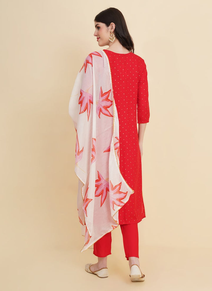 Lassya Fashion Carmine Red Gold Print Traddition Cotton Salwar Suit Set