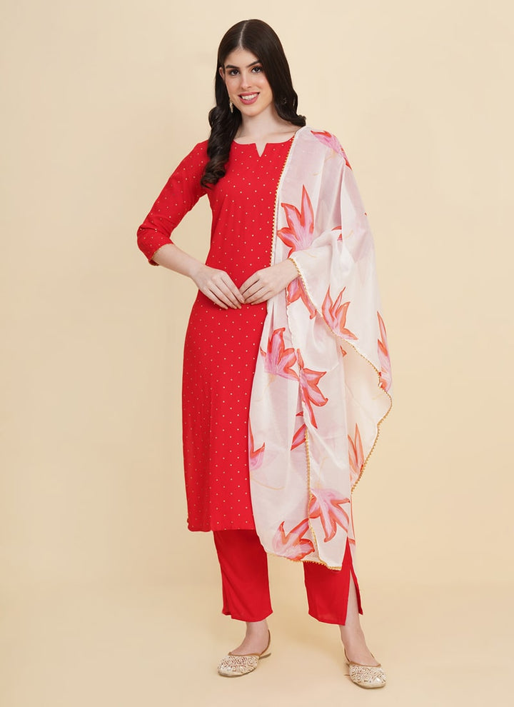 Lassya Fashion Carmine Red Gold Print Traddition Cotton Salwar Suit Set