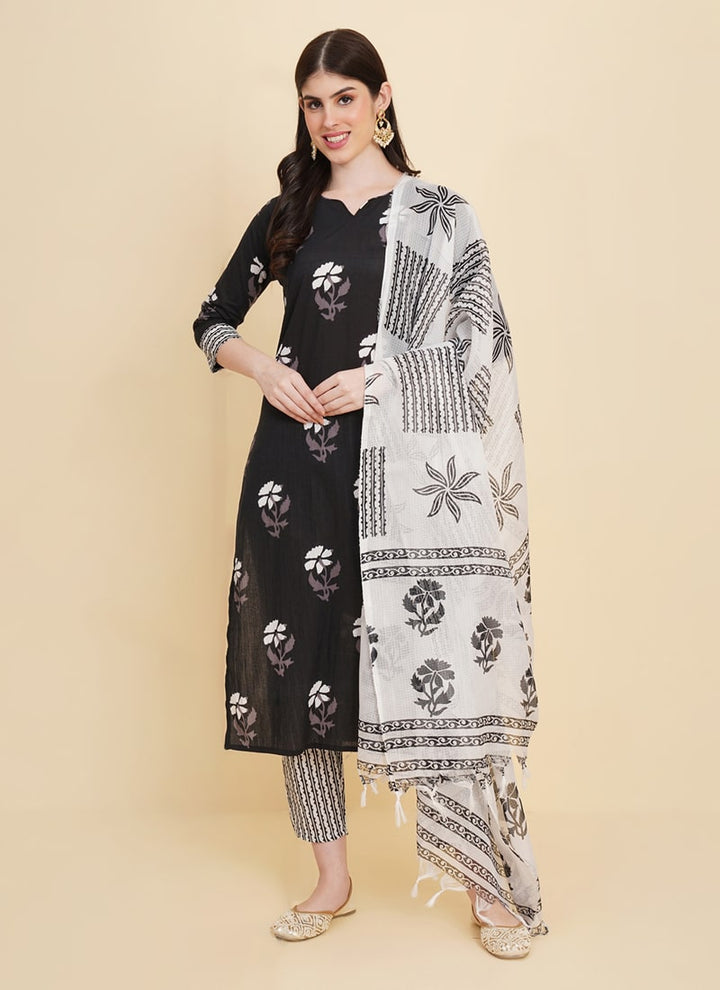 Lassya Fashion Midnight Black Floral Print Traddition Cotton Salwar Suit Set