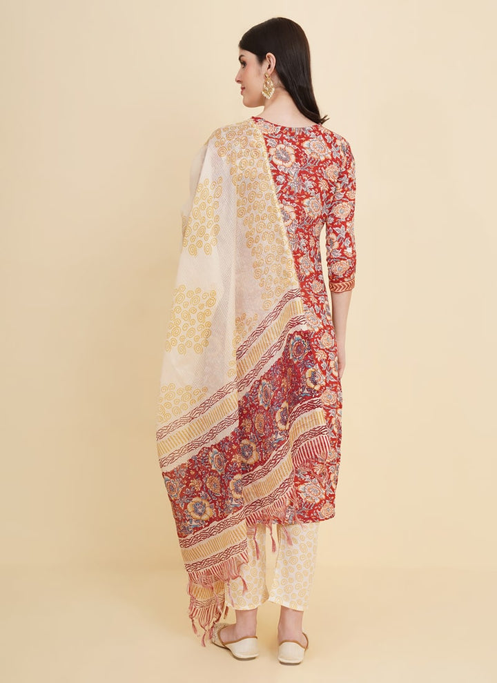 Lassya Fashion Red Floral Print Traddition Cotton Salwar Suit Set