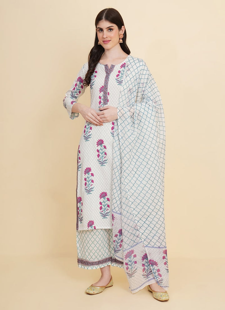 Lassya Fashion White Floral Print Traddition Cotton Salwar Suit Set