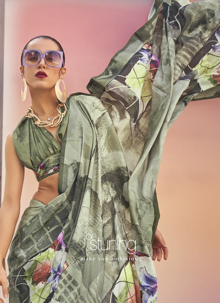 Lassya Fashion Sage Green Modern Digital Print Satin Silk Saree with Symphony Finish