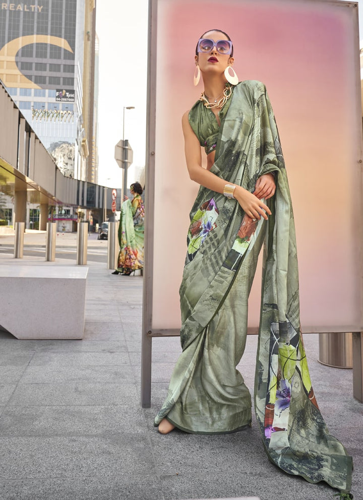 Lassya Fashion Sage Green Modern Digital Print Satin Silk Saree with Symphony Finish