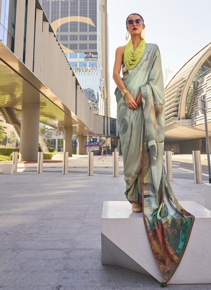 Lassya Fashion Light Green Modern Digital Print Satin Silk Saree with Symphony Finish