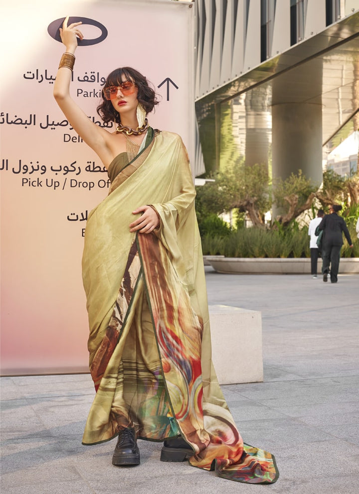Lassya Fashion Beige Cream Modern Digital Print Satin Silk Saree with Symphony Finish