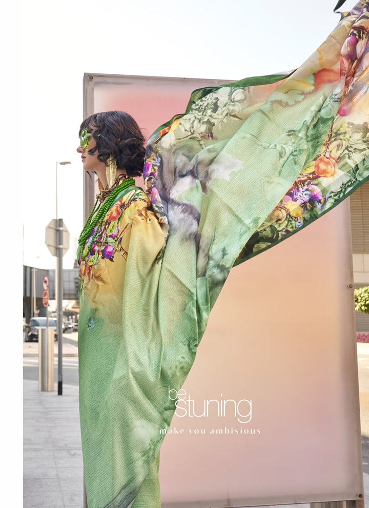 Lassya Fashion Pista Green Modern Digital Print Satin Silk Saree with Symphony Finish