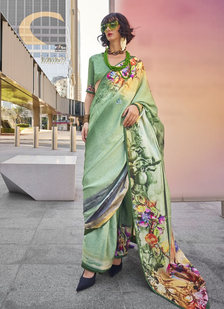 Lassya Fashion Pista Green Modern Digital Print Satin Silk Saree with Symphony Finish