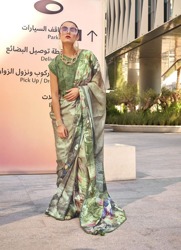 Lassya Fashion Sage Green Lavender Modern Digital Print Satin Silk Saree with Symphony Finish