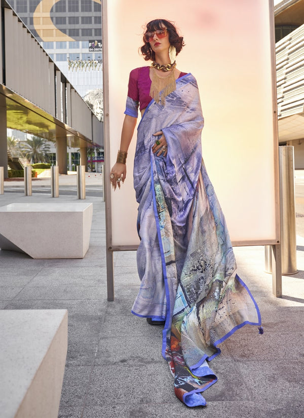 Lassya Fashion Purple Lavender Modern Digital Print Satin Silk Saree with Symphony Finish