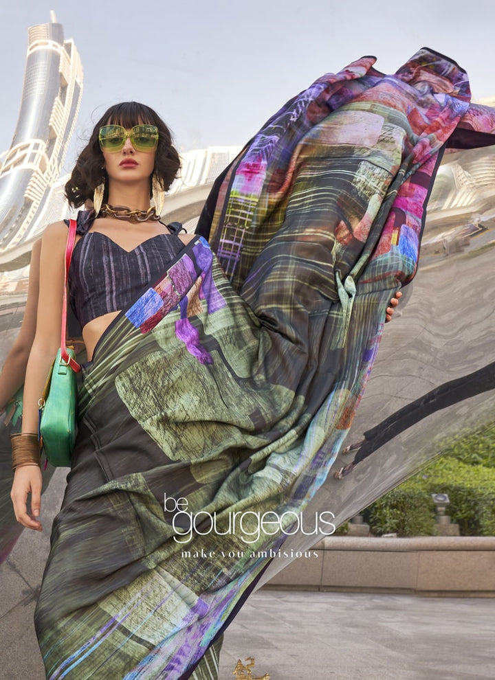 Lassya Fashion MultiColor Modern Digital Print Satin Silk Saree with Symphony Finish