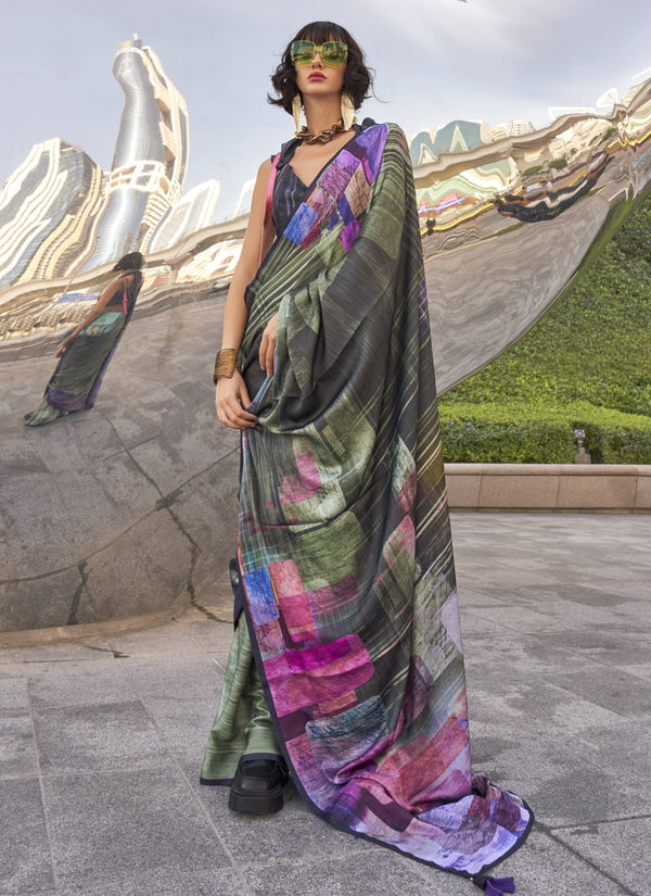 Lassya Fashion MultiColor Modern Digital Print Satin Silk Saree with Symphony Finish