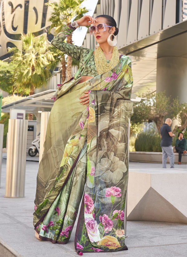 Lassya Fashion Vibrant multi-color digital print satin silk saree adorned with a symphony finish