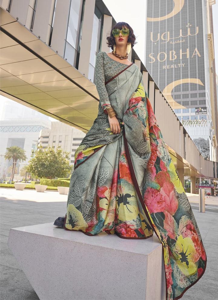 Lassya Fashion Slate Grey Modern Digital Print Satin Silk Saree with Symphony Finish