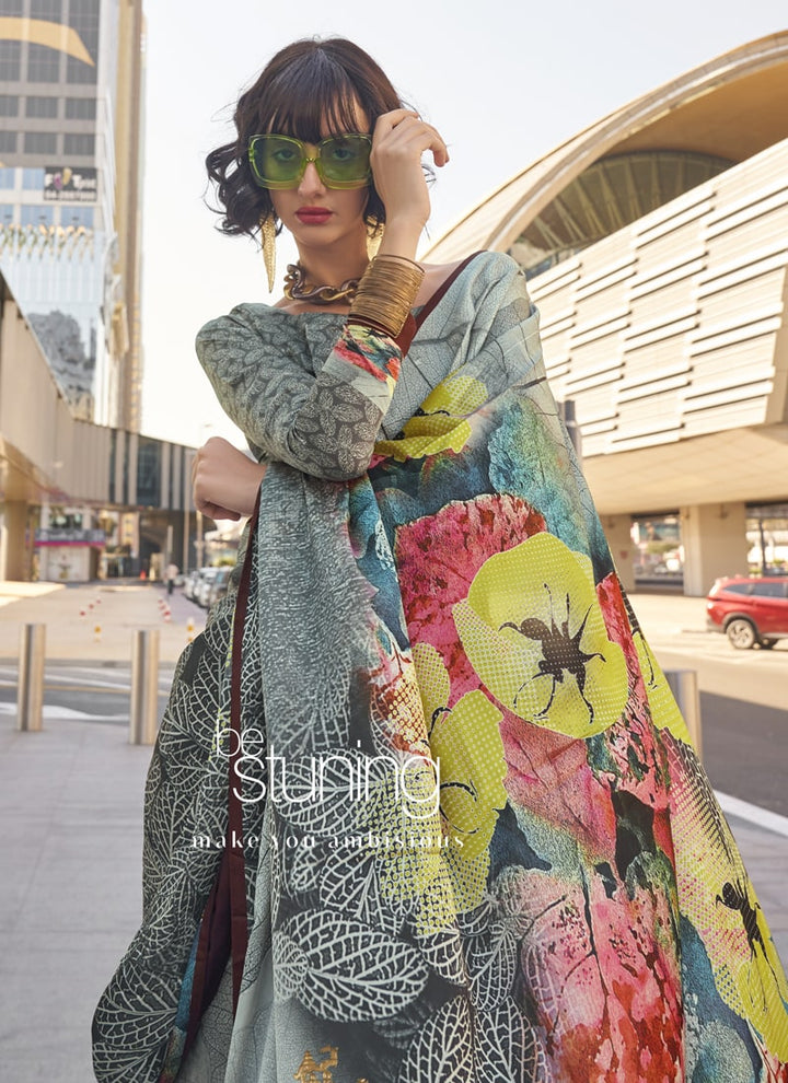 Lassya Fashion Slate Grey Modern Digital Print Satin Silk Saree with Symphony Finish