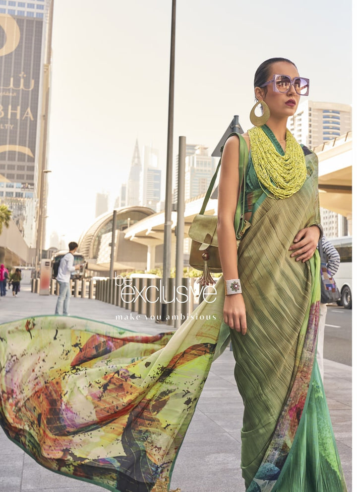 Lassya Fashion Aqua Green Modern Digital Print Satin Silk Saree with Symphony Finish