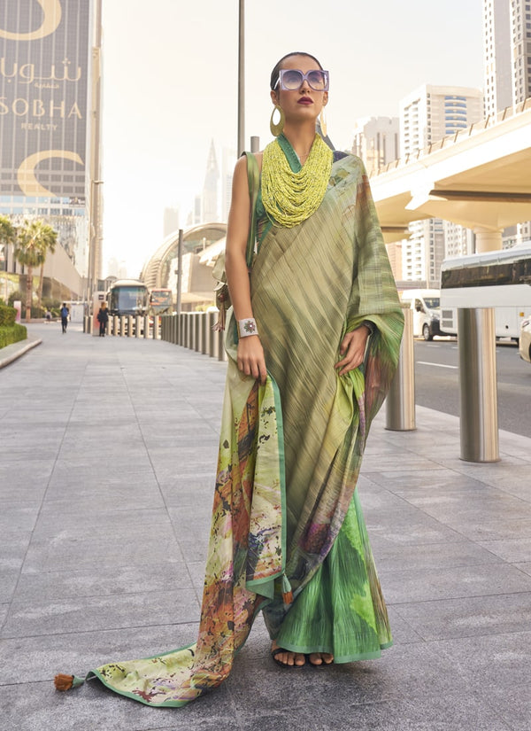 Lassya Fashion Aqua Green Modern Digital Print Satin Silk Saree with Symphony Finish