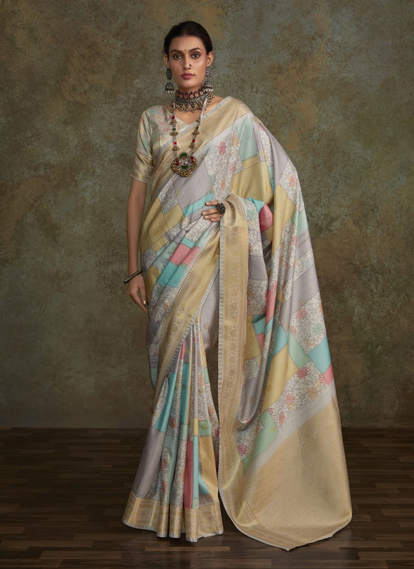 Lassya Fashion Beige Watercolor Digital Print Soft Silk Saree