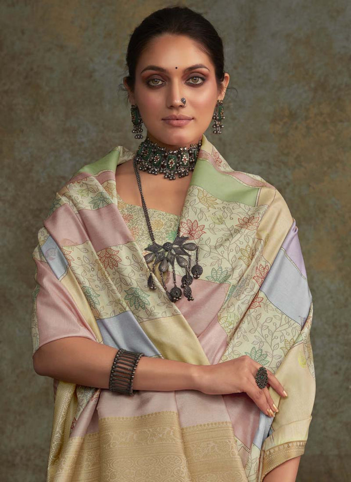 Lassya Fashion Cream and Pista Green Watercolor Digital Print Soft Silk Saree