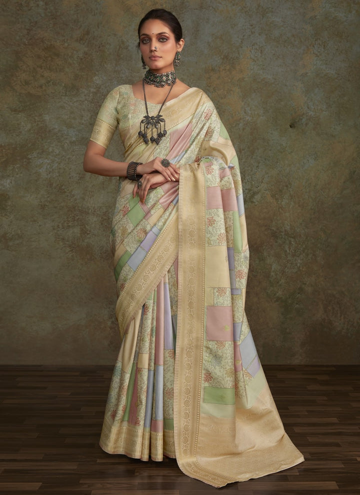 Lassya Fashion Cream and Pista Green Watercolor Digital Print Soft Silk Saree