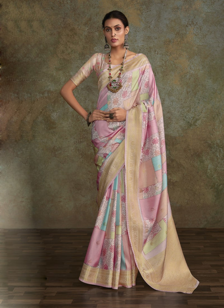 Lassya Fashion Light Pink Watercolor Digital Print Soft Silk Saree